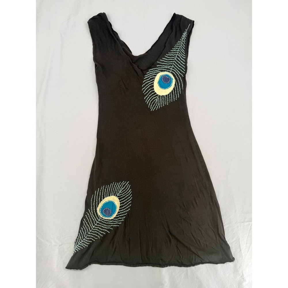Synergy Organic Cotton Peacock Feather Embroidered Dress Black Small Sleeveless